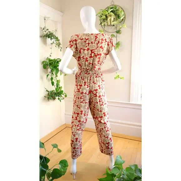 Vintage 1980s Pants Suit 80s CAROLE LITTLE Floral Art Deco Orange Blouse Top Set